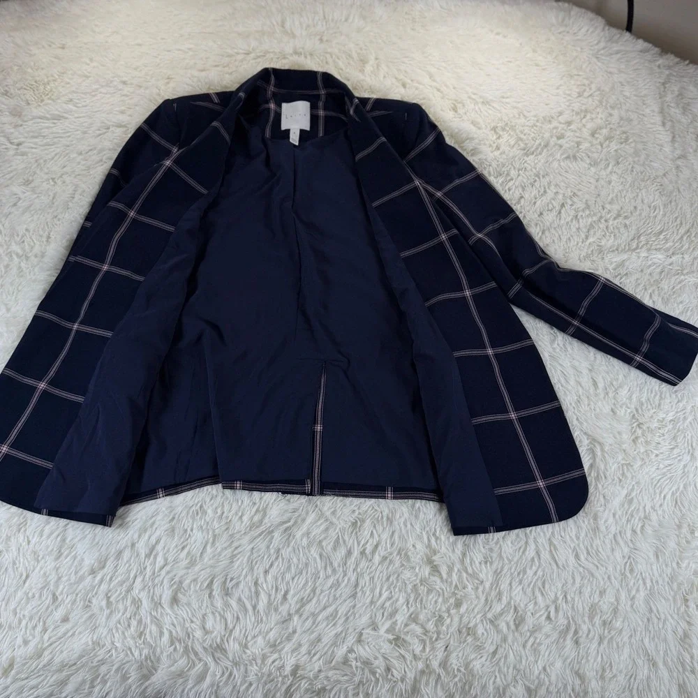 Leith Plaid Blazer Women's Medium Navy Blue Pink‎ Career Officewear Jacket Corp - Picture 7 of 12